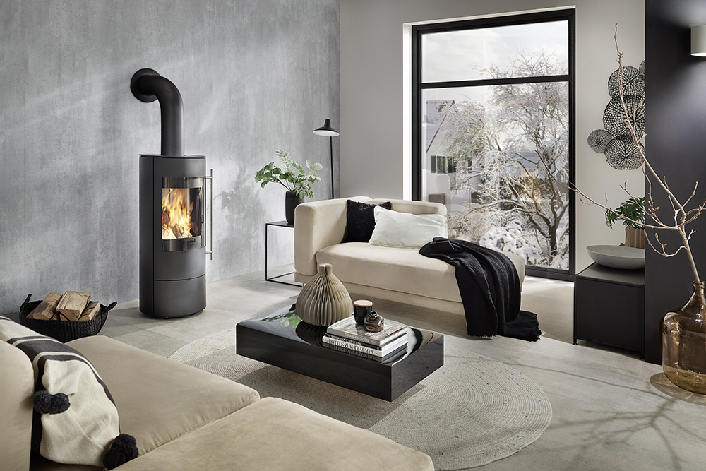 Olsberg Tipas II Compact Stahltüre, Stahl schwarz Keramikverkleidung Caffe Coretto