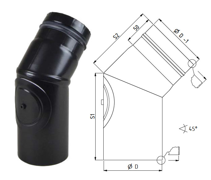 Ofenrohrbogen, 2-teilig, 90°, 130mm, mit Tür, gussgrau
