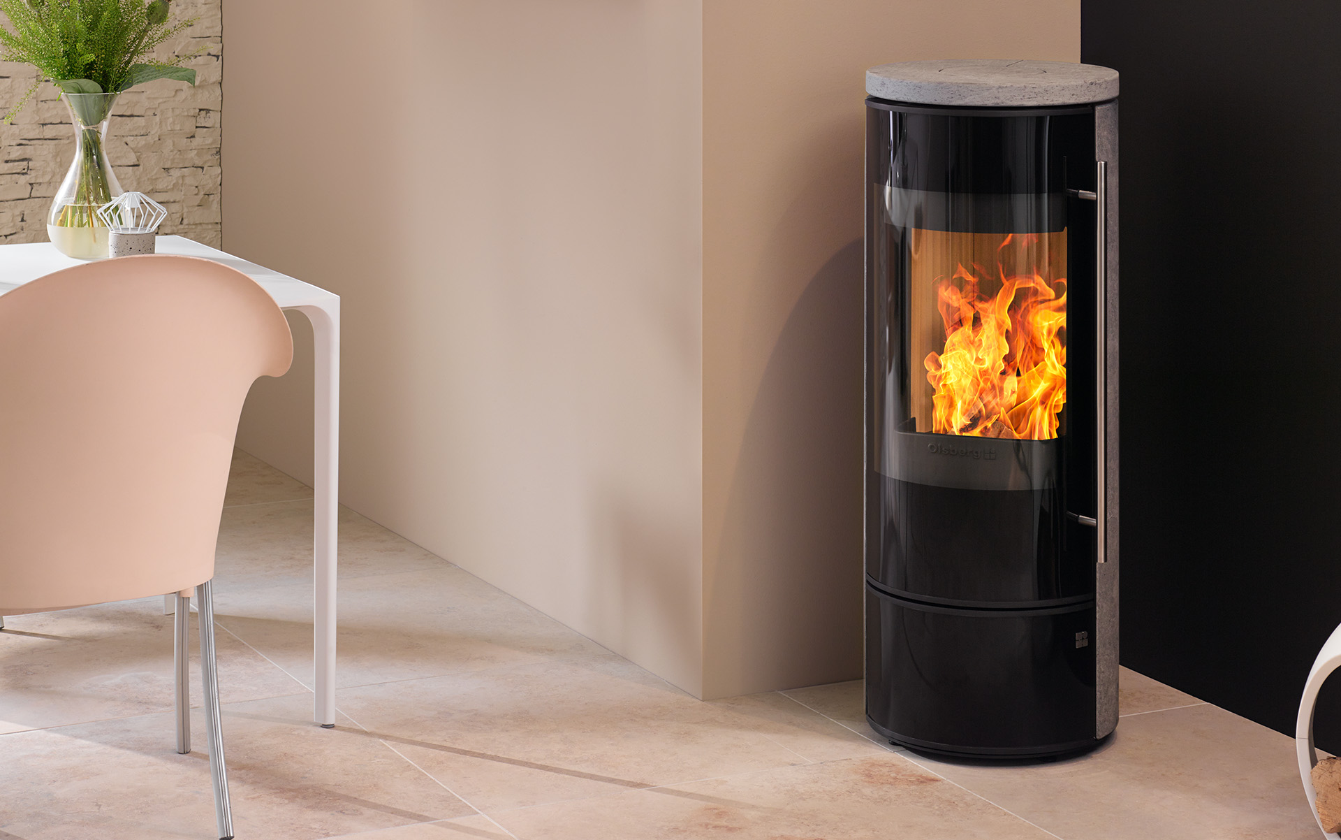 Olsberg Tipas II Compact Stahltüre, Stahl schwarz Keramikverkleidung Caffe Coretto
