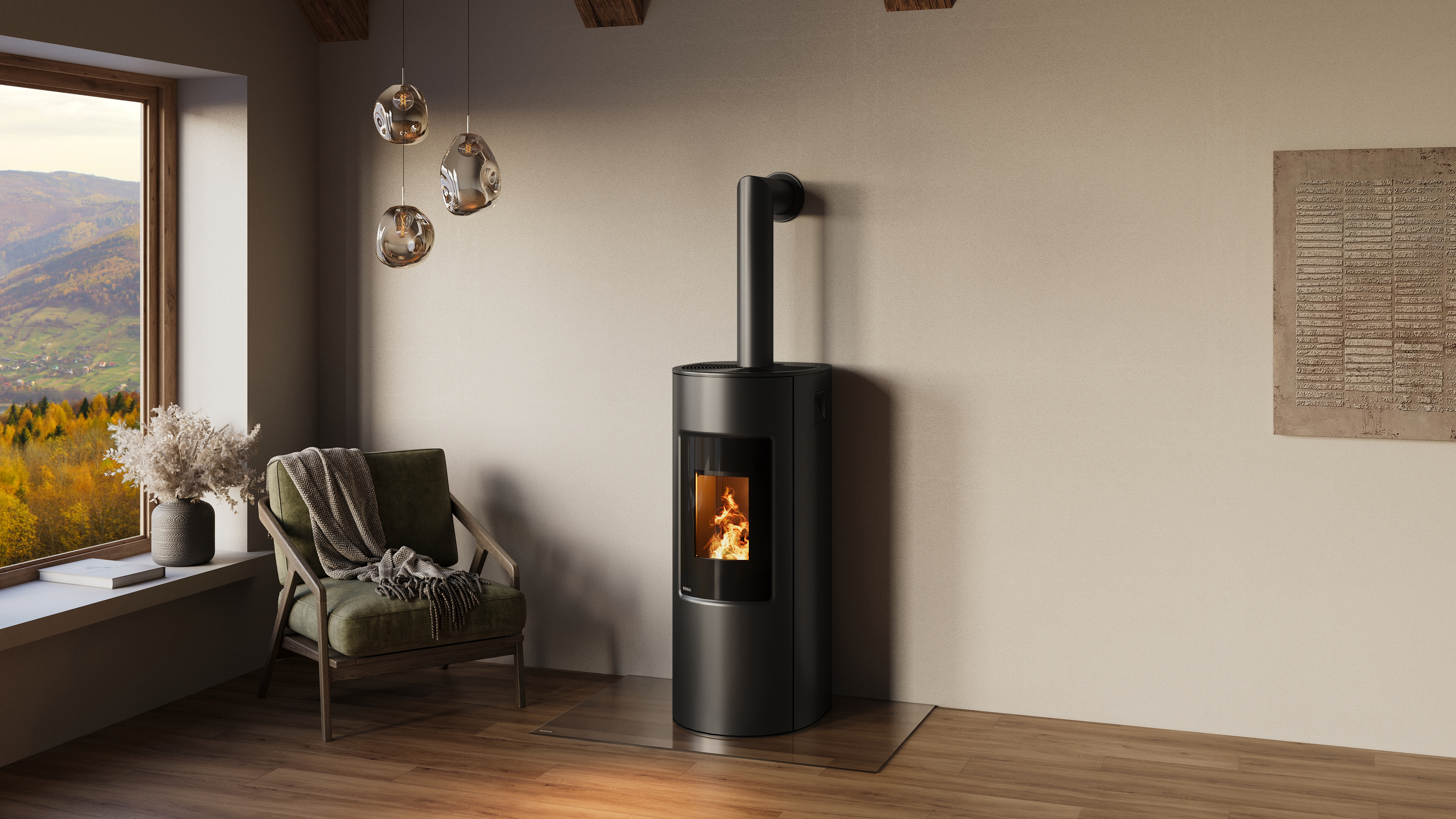 Rika Pelletofen Vivo Stahl Schwarz Struktur Rauchrohranschluss hinten