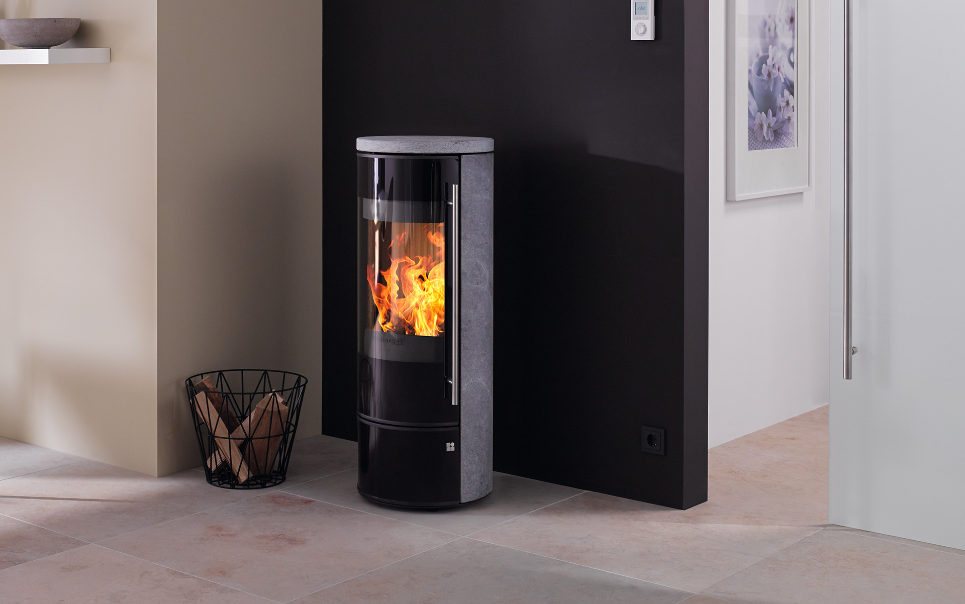 Olsberg Tipas II Compact Stahltüre, Stahl schwarz Keramikverkleidung Caffe Coretto