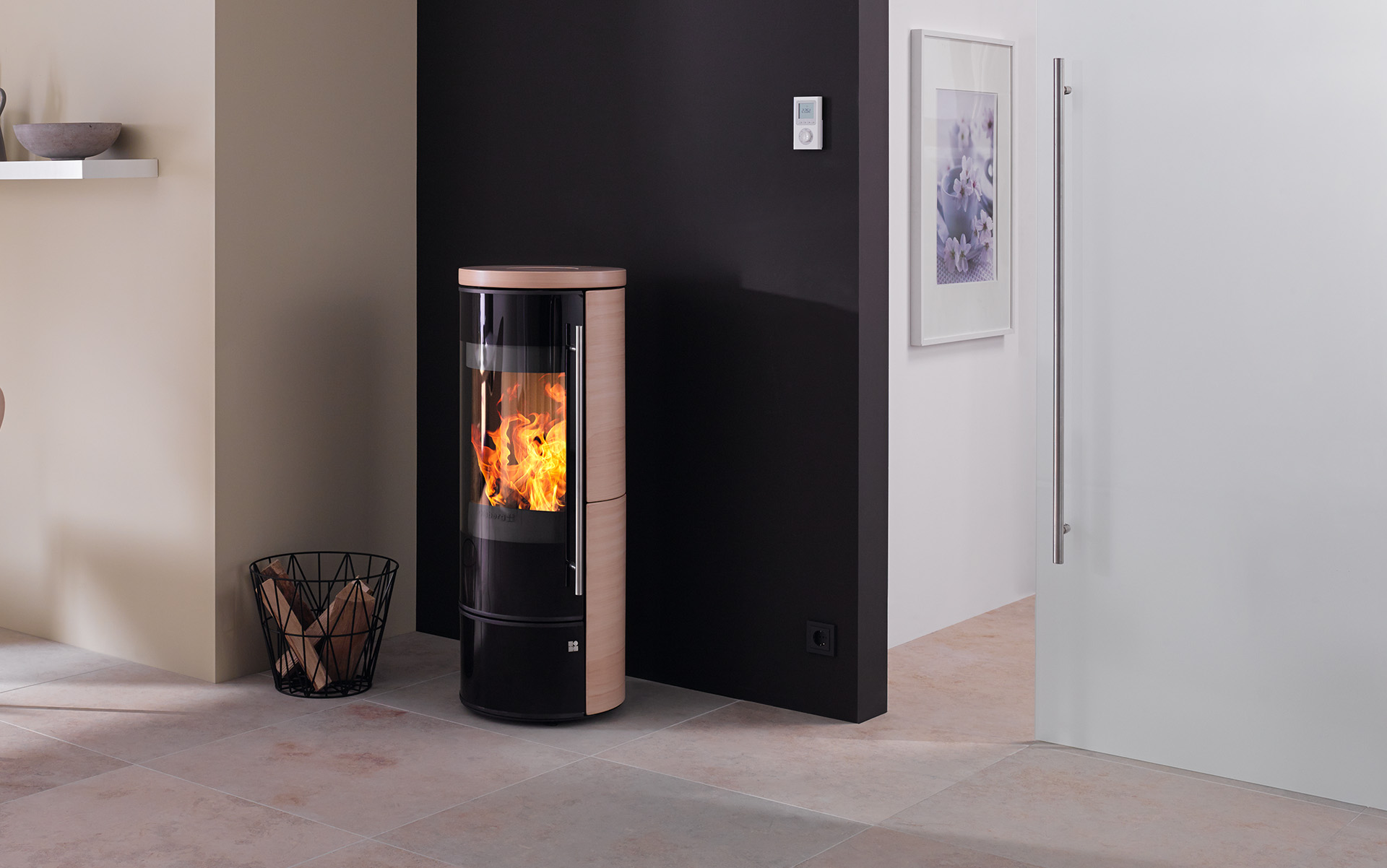 Olsberg Tipas II Compact Stahltüre, Stahl schwarz Keramikverkleidung Caffe Coretto